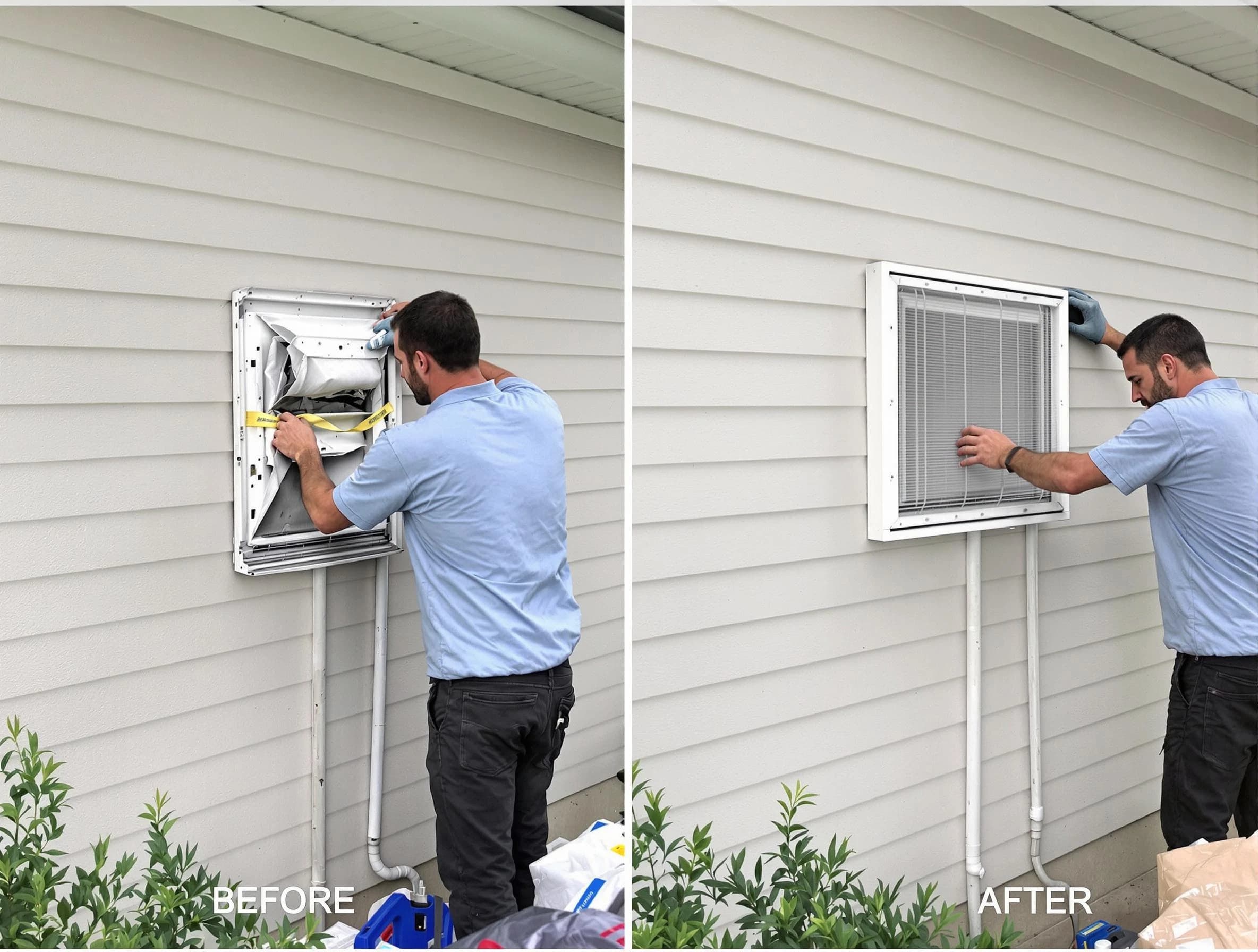 Chelmsford Dryer Vent Cleaning technician installing high-quality dryer vent cover at a residential property in Chelmsford