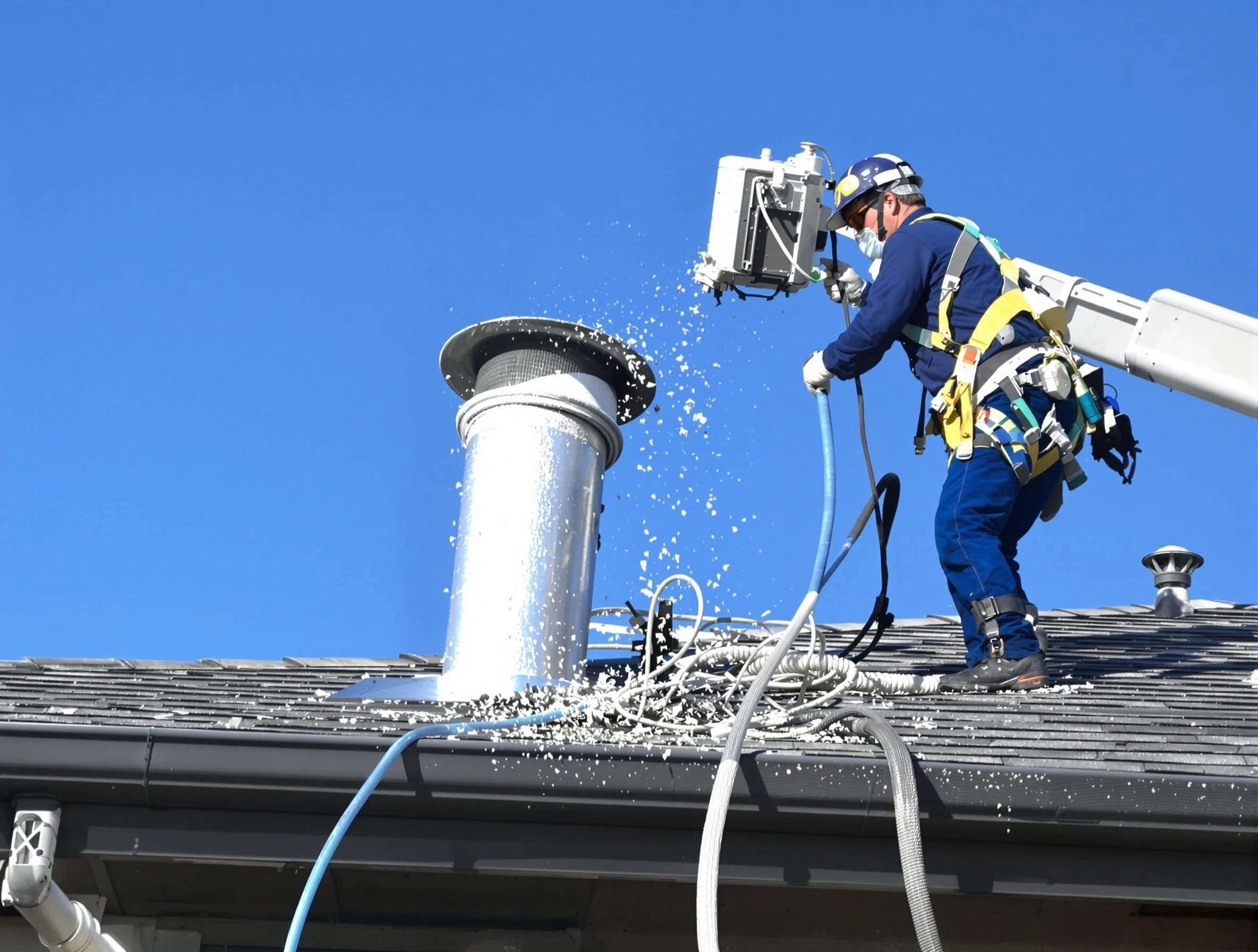 Chelmsford Dryer Vent Cleaning certified technician safely cleaning a roof-mounted dryer vent in Chelmsford