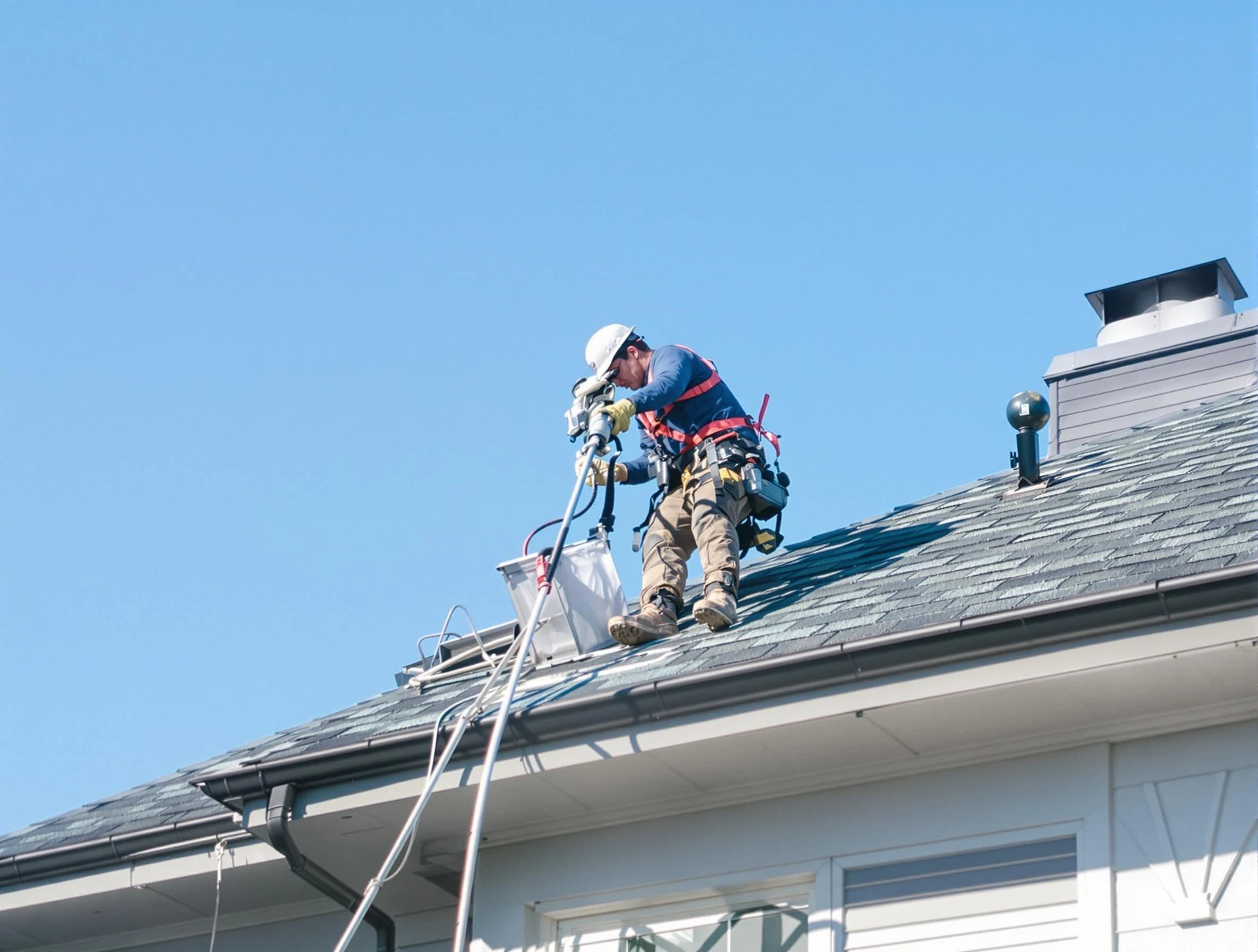 Chelmsford Dryer Vent Cleaning certified technician cleaning a roof-mounted dryer vent system in Chelmsford