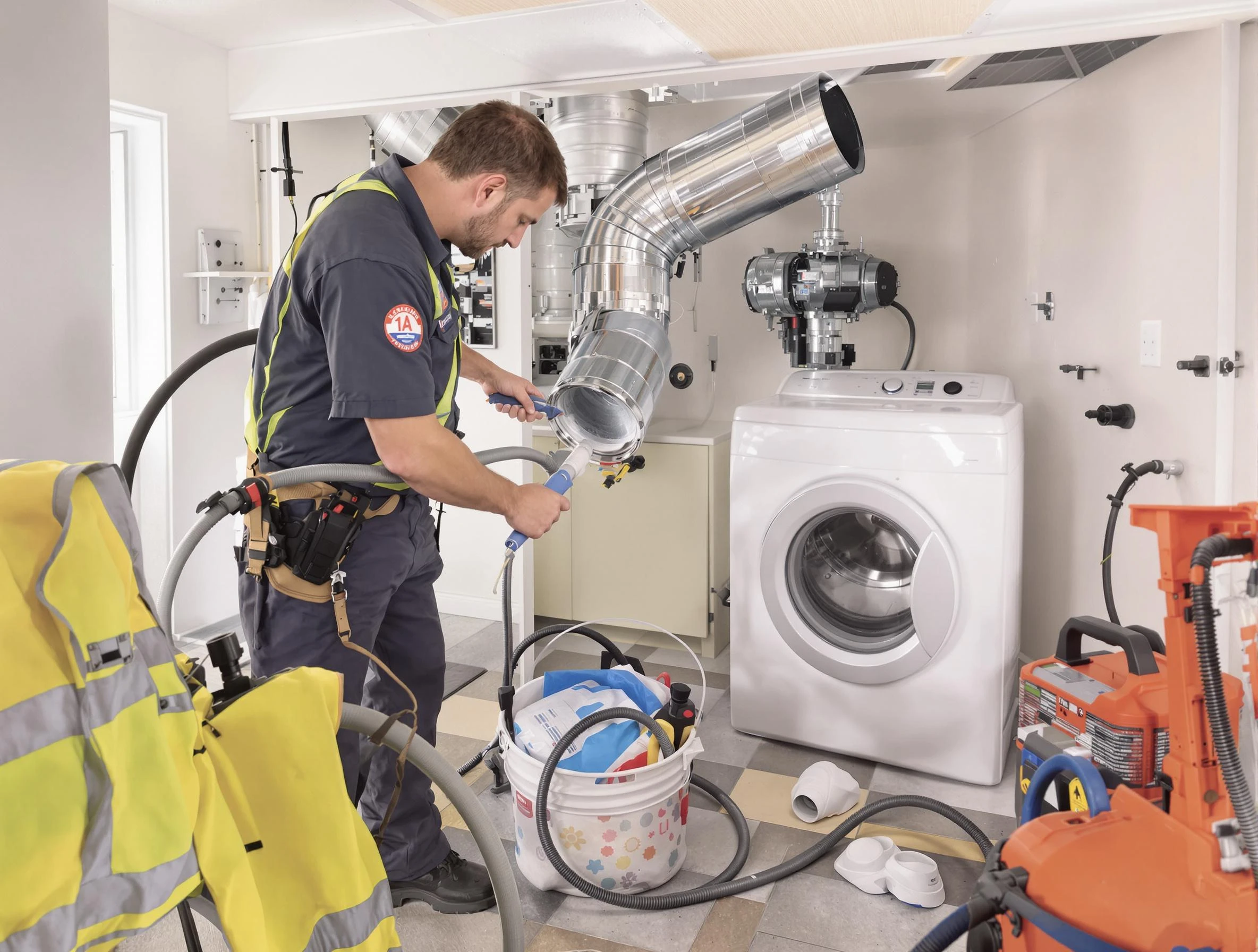Chelmsford Dryer Vent Cleaning technician using specialized equipment to clear severe dryer vent blockage in Chelmsford